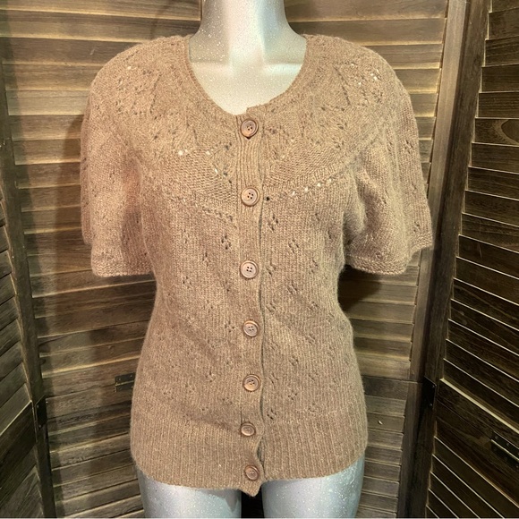 Angora/Wool Open Knit Tan Button-Up Sweater Top Cardigan Short Sleeve Grannycore - Picture 1 of 9